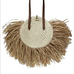 INC Melania Straw Fringe Circle Tote
